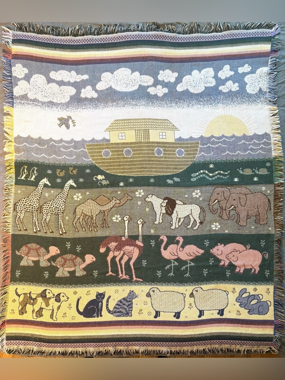 Vintage Noah’s Ark Woven Throw Blanket, Fringe Hem 4x5 feet